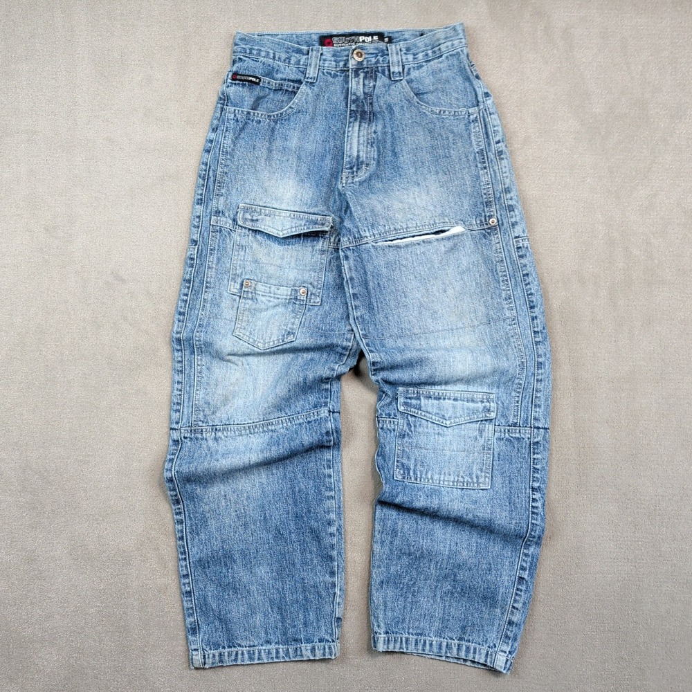 Southpole Y2K Baggy Cargo Jeans 18 Blue Light Wash Cotton Ramie Streetwear Denim